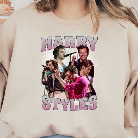 A vibrant collage of Harry Styles showcasing his dynamic performances, featuring multiple poses and a bold, colorful “Harry Styles” text.DTF Transfers dtf prints