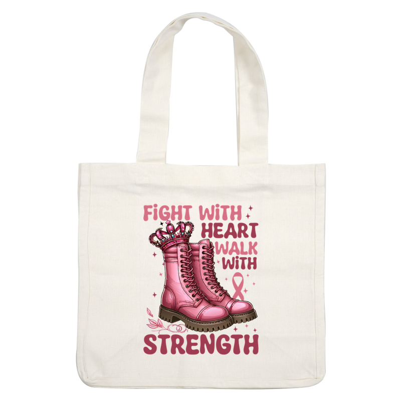 Bold pink combat boots adorned with a crown, promoting strength and resilience, complemented by a pink ribbon symbol. dtf prints