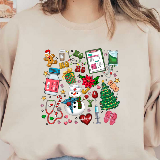 A festive collage featuring a snowman, holiday decorations, medical supplies, and treats, blending Christmas cheer with healthcare elements.DTF Transfers