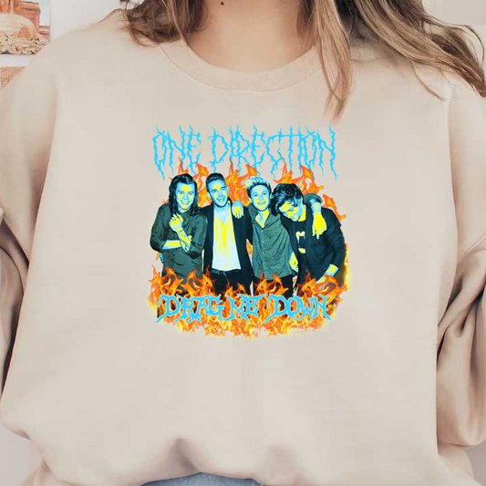 A vibrant graphic featuring the band One Direction, with a fiery backdrop and bold text for the song "Drag Me Down."DTF Transfers dtf prints