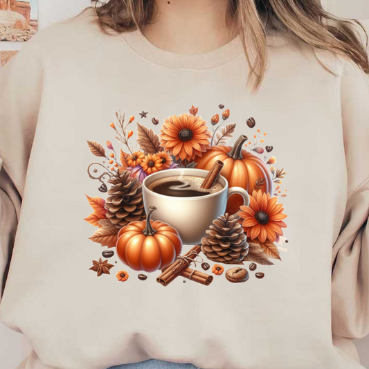 Una acogedora escena otoñal con una taza de café rodeada de calabazas, girasoles, piñas y ramas de canela.