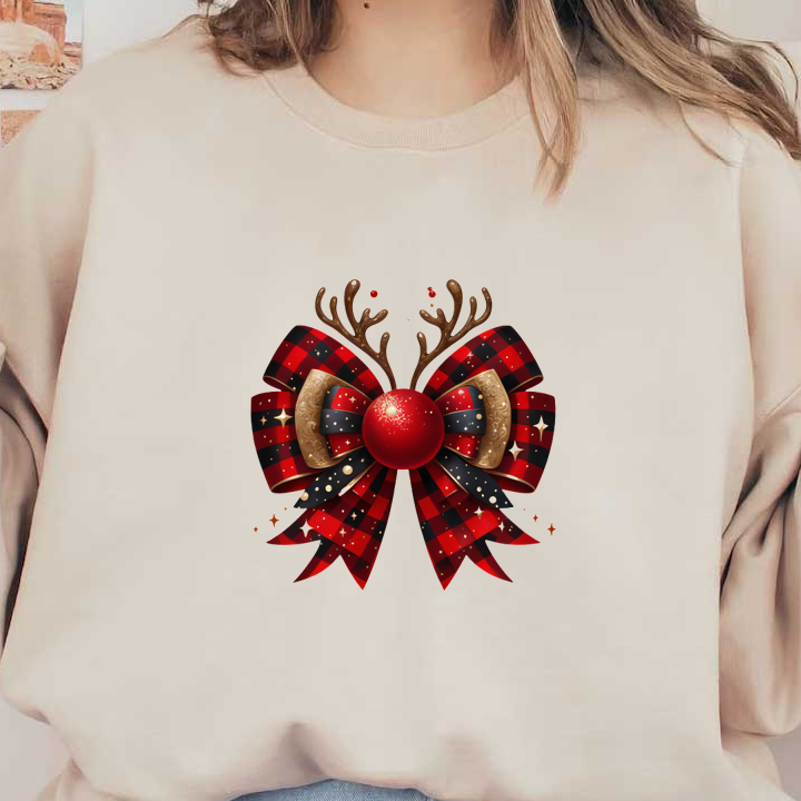 A festive red and black plaid bow adorned with antlers and a shiny ornament, perfect for holiday decorations! dtf transfers