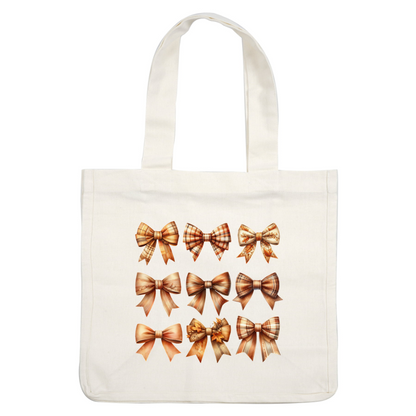 A collection of ten beautifully crafted decorative bows in warm autumn colors, featuring various patterns and textures.dtf regular iron