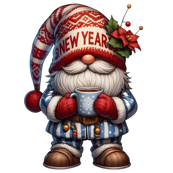 This cheerful gnome features a festive "New Year" hat, a striped blue outfit, red gloves, and a cup of warm drink.