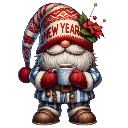 This cheerful gnome features a festive "New Year" hat, a striped blue outfit, red gloves, and a cup of warm drink.