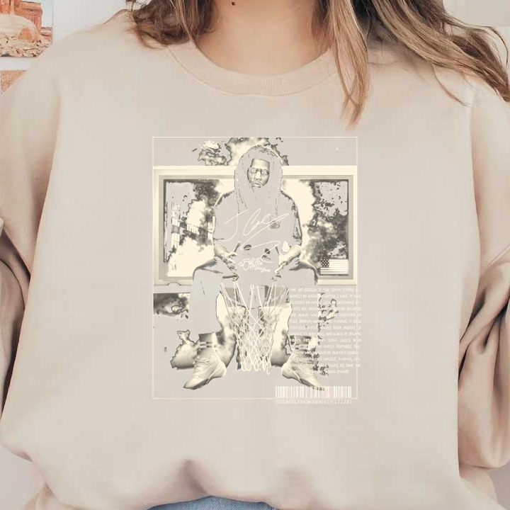 Una ilustración artística que muestra a una persona sentada en un aro de baloncesto, vestida con una elegante sudadera con capucha y ropa deportiva. Transferencias DTF