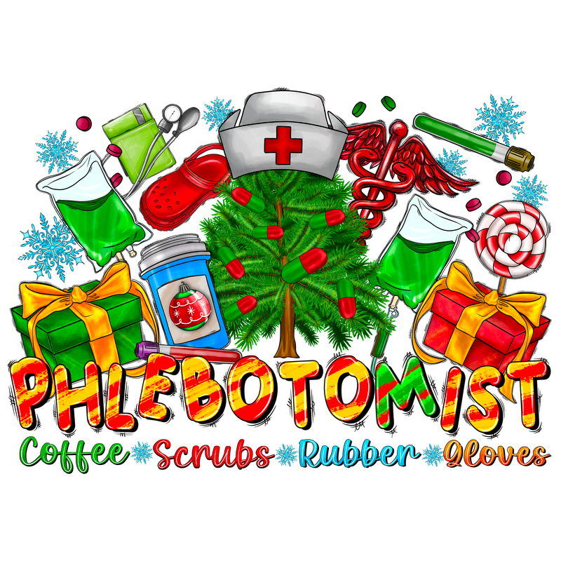 A festive and colorful design featuring a Christmas tree, gifts, and various medical items, celebrating the phlebotomist profession.DTF Transfers heat press transfers