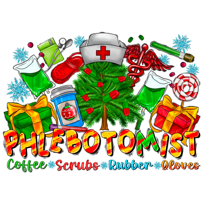 A festive and colorful design featuring a Christmas tree, gifts, and various medical items, celebrating the phlebotomist profession.DTF Transfers heat press transfers