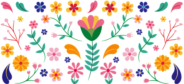 A vibrant floral pattern featuring colorful flowers and leaves, perfect for adding a cheerful touch to designs.UV Transfers heat press transfers