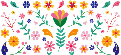 A vibrant floral pattern featuring colorful flowers and leaves, perfect for adding a cheerful touch to designs.UV Transfers heat press transfers