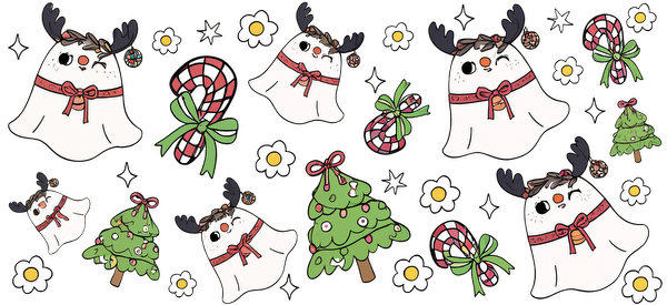 A whimsical pattern featuring adorable ghosts with reindeer antlers, holiday trees, candy canes, and cheerful daisies.UV Transfers dtf prints