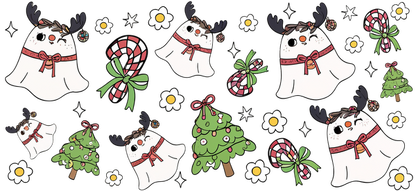 A whimsical pattern featuring adorable ghosts with reindeer antlers, holiday trees, candy canes, and cheerful daisies.UV Transfers dtf prints