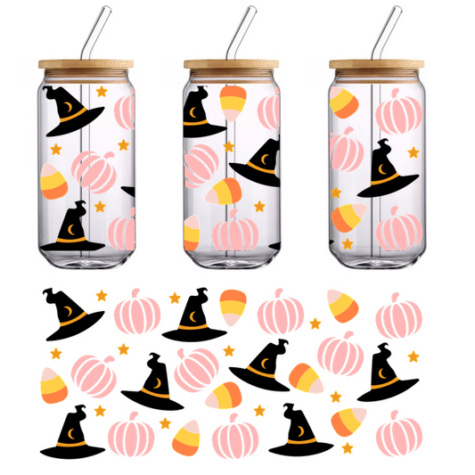 A whimsical pattern featuring pink pumpkins, candy corn, crescent moons, and stars, perfect for festive fall decor.UV Transfers dtf transfers