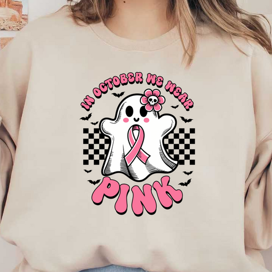 This playful design features a cheerful ghost with a pink ribbon, promoting breast cancer awareness in October.