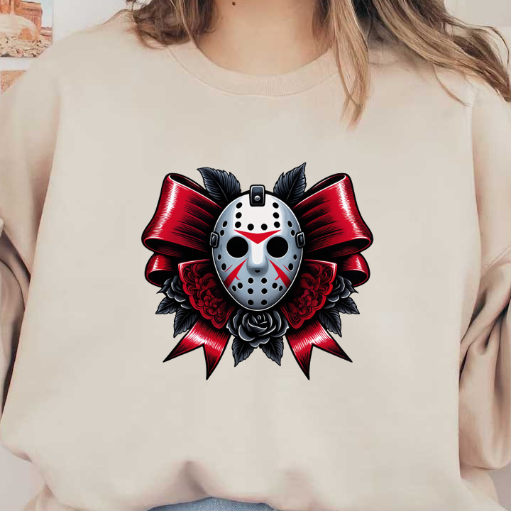 A striking graphic featuring a hockey mask adorned with red and black roses and a bold red ribbon background.dtf regular iron