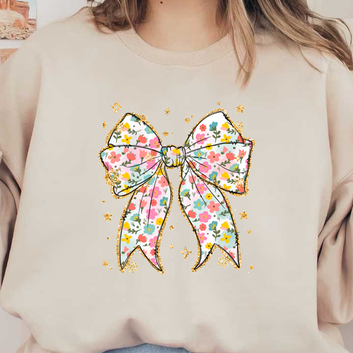 A whimsical floral bow featuring vibrant colors and delicate patterns, embellished with sparkling accents for a cheerful touch.DTF Transfers dtf prints