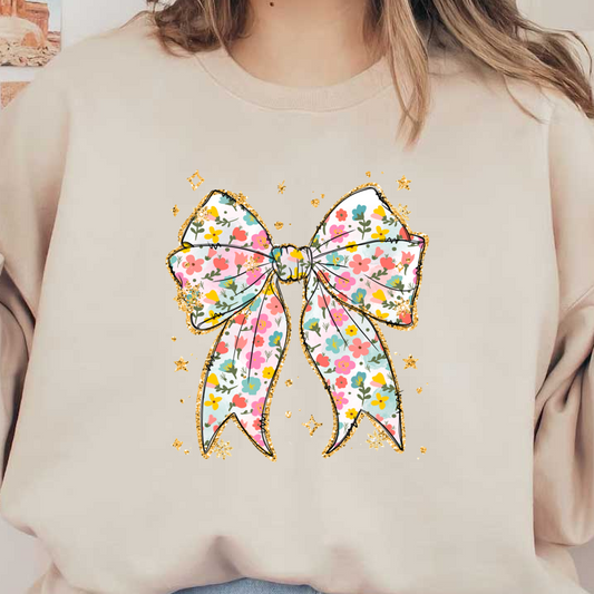 A whimsical floral bow featuring vibrant colors and delicate patterns, embellished with sparkling accents for a cheerful touch.DTF Transfers dtf prints