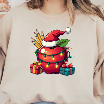 A festive red apple adorned with a Santa hat, surrounded by colorful lights, pencils, and cheerful gift boxes.DTF Transfers