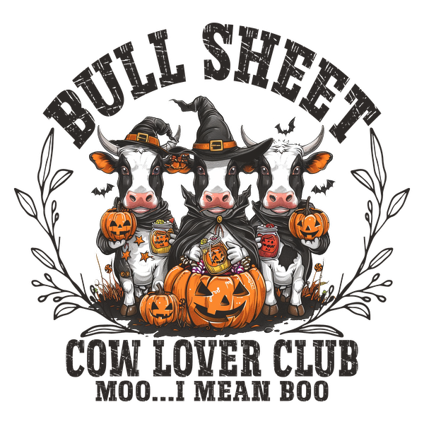 A whimsical Halloween-themed design featuring three dressed-up cows around a pumpkin, promoting the "Cow Lover Club."dtf regular iron