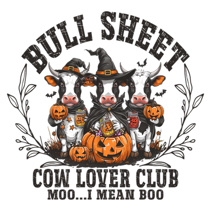 A whimsical Halloween-themed design featuring three dressed-up cows around a pumpkin, promoting the "Cow Lover Club."dtf regular iron