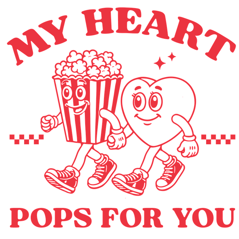 A cheerful illustration featuring a popcorn bucket and a heart character, both sporting sneakers and holding hands, with playful text.DTF Transfers