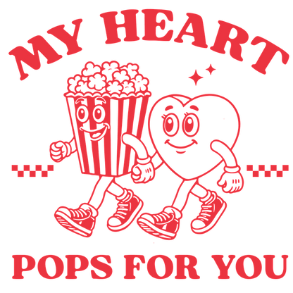 A cheerful illustration featuring a popcorn bucket and a heart character, both sporting sneakers and holding hands, with playful text.DTF Transfers