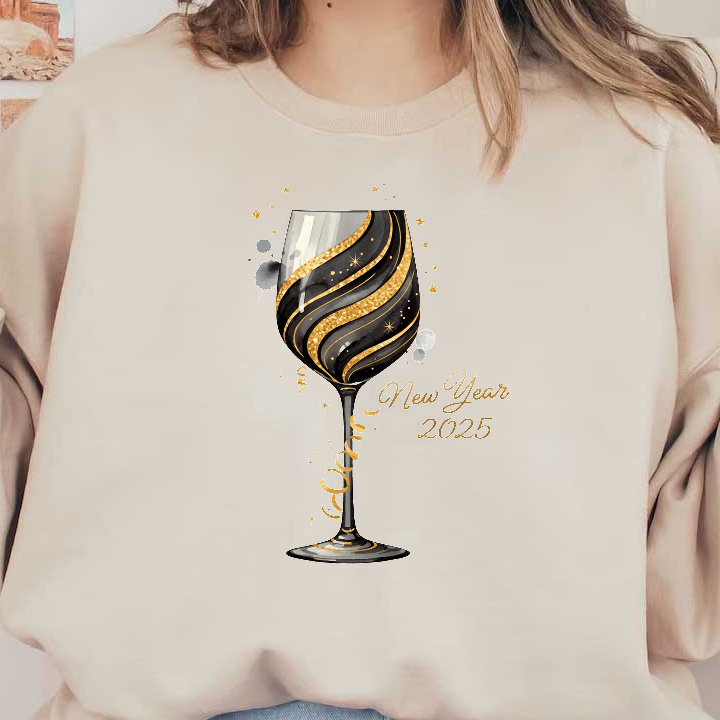 Celebrate in style with this elegant black and gold New Year 2025 champagne glass, adorned with sparkling swirls and stars!DTF Transfers