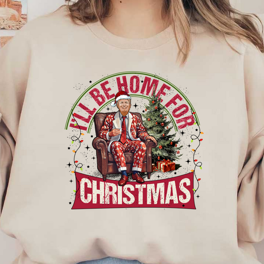 A festive illustration featuring a man in a vibrant holiday suit, sitting on a chair with a Christmas tree and gifts nearby.DTF Transfers heat press transfers dtf transfers