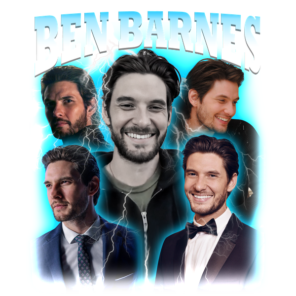 A vibrant collage featuring multiple images of Ben Barnes, showcasing his charming smiles and diverse looks against a striking background.DTF Transfers dtf transfers