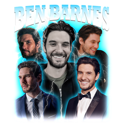 A vibrant collage featuring multiple images of Ben Barnes, showcasing his charming smiles and diverse looks against a striking background.DTF Transfers dtf transfers