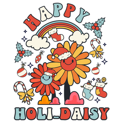 Celebrate with vibrant illustrations of cheerful flowers, a rainbow, and festive elements, all featuring a joyful "Happy Holi-Daisy" theme! dtf prints