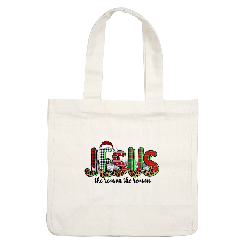 Festive "JESUS" design featuring colorful patterns, a Santa hat, and leopard print for a cheerful holiday vibe. heat press transfers