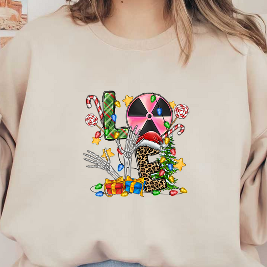 A playful holiday-themed design featuring a skeleton wearing a Santa hat, surrounded by candy canes, Christmas lights, and colorful gifts.DTF Transfers dtf transfersdtf regular iron