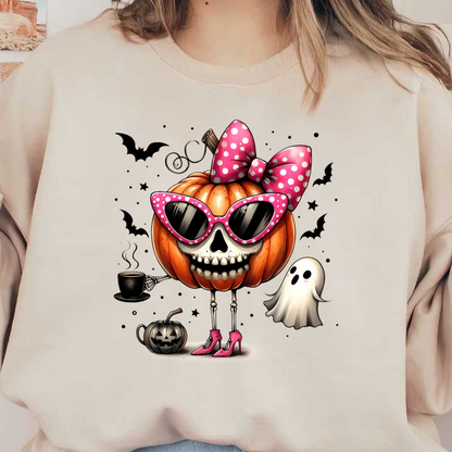 Un personaje de calabaza caprichoso con cara de calavera, elegantes gafas de sol rosas, un lazo de lunares y compañeros espeluznantes.