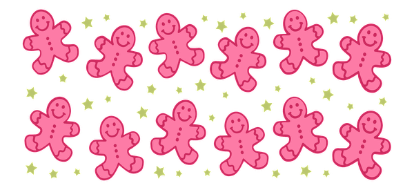 A cheerful lineup of pink gingerbread men surrounded by bright star accents, perfect for festive decorations or playful designs.UV Transfers dtf transfers