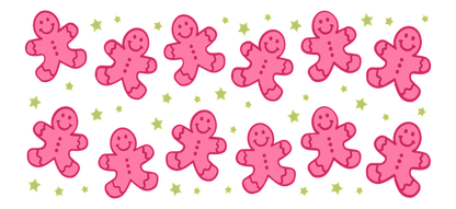 A cheerful lineup of pink gingerbread men surrounded by bright star accents, perfect for festive decorations or playful designs.UV Transfers dtf transfers