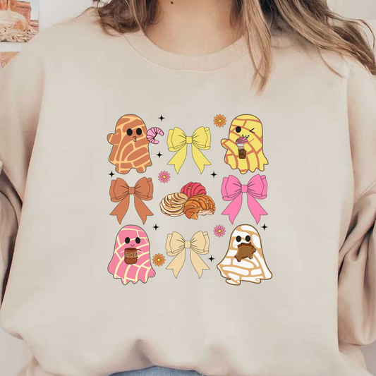 Una linda colección de personajes fantasmas disfrutando de dulces, adornados con lazos de colores y rodeados de flores divertidas.