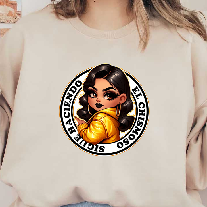 A stylish illustration of a young woman with dark hair in a yellow hoodie, surrounded by bold circular text. dtf transfers