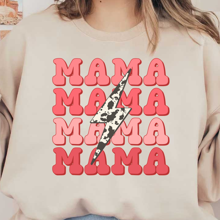 A playful design featuring the word "MAMA" in varying shades of pink, accented by a striking lightning bolt. heat press transfers