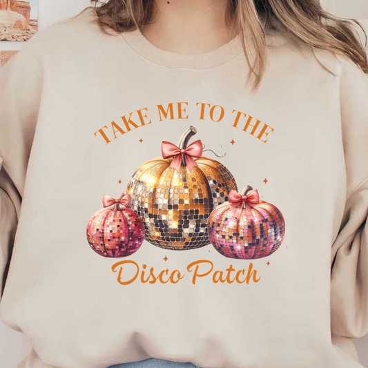 Sparkling disco-themed pumpkins adorned with bows, perfect for adding a festive touch to your autumn decor.