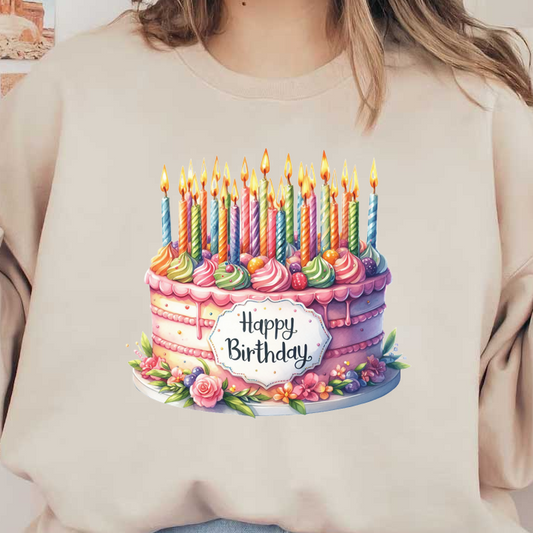 A vibrant birthday cake decorated with colorful frosting, numerous candles, and a "Happy Birthday" sign, perfect for celebrations.DTF Transfers