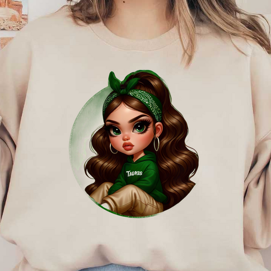 A cute, animated girl with long, wavy hair wearing a green hoodie and bandana, featuring big expressive eyes. dtf transfers