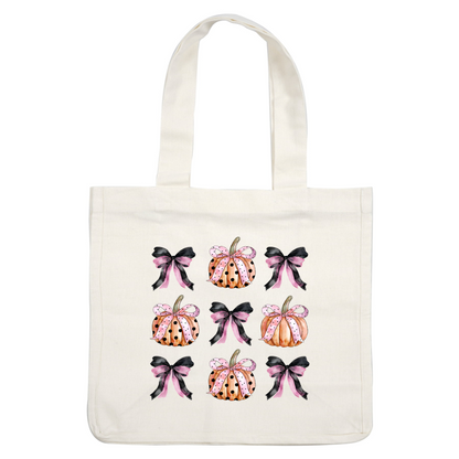 This whimsical pattern features charming pumpkins adorned with pink and black polka dot ribbons, perfect for autumn decor.