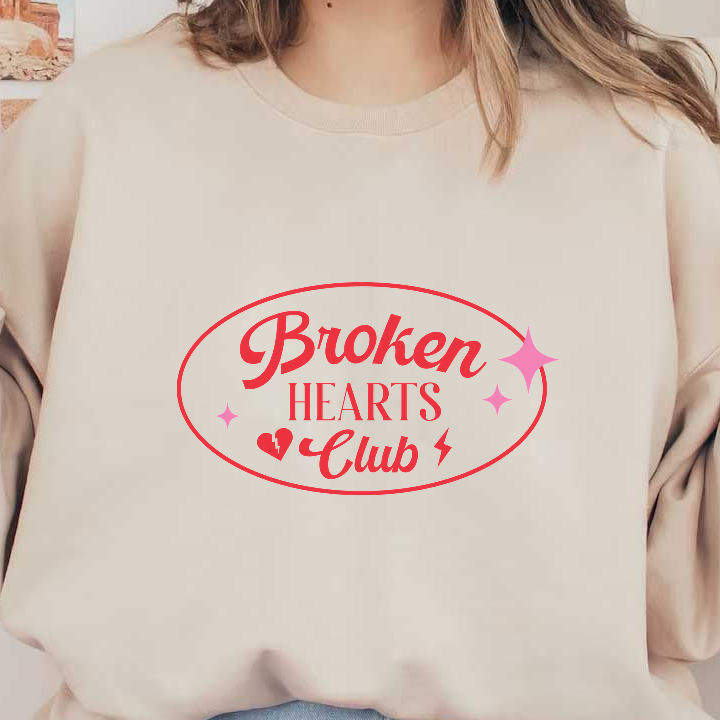 A playful badge featuring the text "Broken Hearts Club" in bold red with sparkling stars and a heart, perfect for expressing love and heartbreak.DTF Transfers