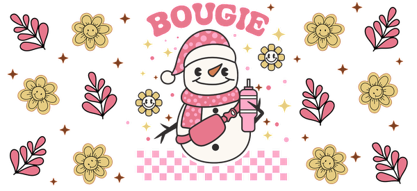 A charming, cartoon-style snowman wearing a pink scarf and hat, holding a drink, surrounded by flowers and the word "BOUGIE."UV Transfers dtf transfers