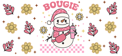 A charming, cartoon-style snowman wearing a pink scarf and hat, holding a drink, surrounded by flowers and the word "BOUGIE."UV Transfers dtf transfers