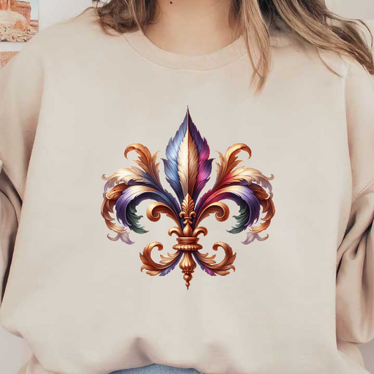 A beautifully detailed, colorful floral motif featuring elegant swirls and a classic fleur-de-lis design, perfect for decorative art.DTF Transfers