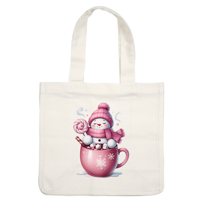 A charming snowman in a pink scarf and hat happily floats in a pink mug filled with hot cocoa and marshmallows. heat press transfers