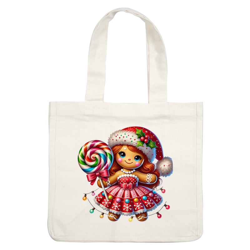 This festive gingerbread girl in a red dress holds a colorful lollipop, adorned with candy details and a holiday hat.DTF Transfers