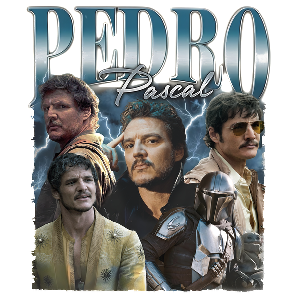 A vibrant collage featuring Pedro Pascal in various iconic roles, showcasing his versatility as an actor with dynamic expressions and styles.DTF Transfersdtf regular iron